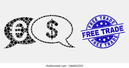 Pixelated financial chat messages mosaic icon and Free Trade watermark. Blue vector rounded grunge seal stamp with Free Trade title. Vector composition in flat style.