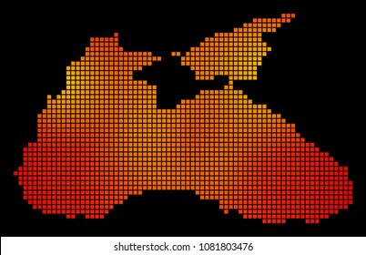 Pixelated fire Black Sea Map. Vector geographic map in orange color tinges on a black background. Vector concept of Black Sea Map organized of square pixels.
