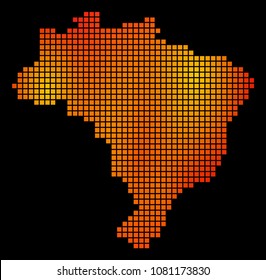 Pixelated fire Brazil Map. Vector geographic map in bright orange color hues on a black background. Vector concept of Brazil Map organized of square elements.