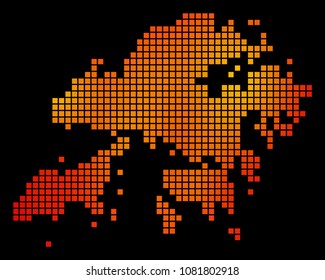 Pixelated fire Hong Kong Map. Vector territory map in fire color variations on a black background. Vector pattern of Hong Kong Map organized of square pixels.