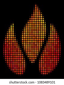 Pixelated fire icon. Bright pictogram in fire color variations on a black background. Vector halftone mosaic of fire pictogram designed from spheric dots.