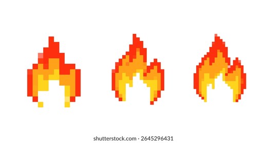 Ícones de fogo pixelados em tons vermelhos e amarelos. perfeito para jogos de estilo retro e decoração de iu.