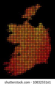 Pixelated fire Ireland Republic map. Vector geographical map in bright orange color hues on a black background. Halftone concept of Ireland Republic map created from circle small elements.