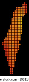 Pixelated fire Israel Map. Vector territory map in fire color shades on a black background. Vector mosaic of Israel Map made of square small elements.