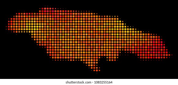 Pixelated fire Jamaica map. Vector territory plan in fire color shades on a black background. Halftone pattern of Jamaica map designed from spheric dots.