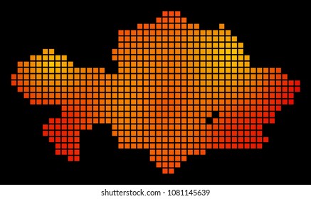 Pixelated fire Kazakhstan Map. Vector geographic map in bright orange color shades on a black background. Vector pattern of Kazakhstan Map made of square small elements.