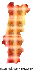 Pixelated fire Portugal Map. Vector geographic map in bright orange color variations on a white background. Vector concept of Portugal Map constructed of square pixels.