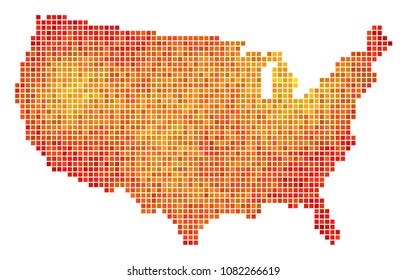 Pixelated fire USA Map. Vector territorial map in fire color tinges on a white background. Vector mosaic of USA Map composed of square points.