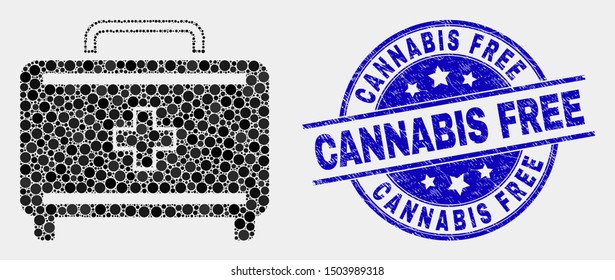 Pixelated first aid case mosaic icon and Cannabis Free seal. Blue vector round grunge seal with Cannabis Free phrase. Vector combination in flat style.