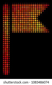 Pixelated flag icon. Bright pictogram in fire color tinges on a black background. Vector halftone concept of flag pictogram constructed from circle elements.