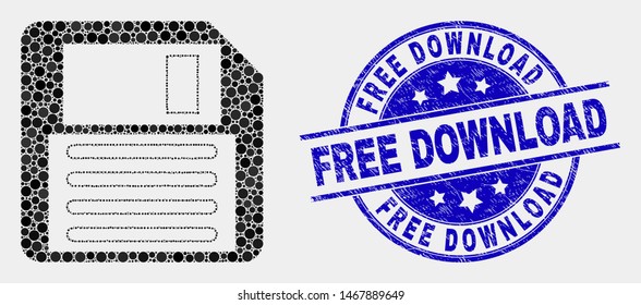 Pixelated floppy disk mosaic icon and Free Download seal. Blue vector round grunge stamp with Free Download text. Vector combination in flat style. Black isolated floppy disk mosaic of random spheres,