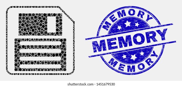 Pixelated floppy disk mosaic pictogram and Memory seal stamp. Blue vector rounded scratched seal stamp with Memory caption. Vector collage in flat style.