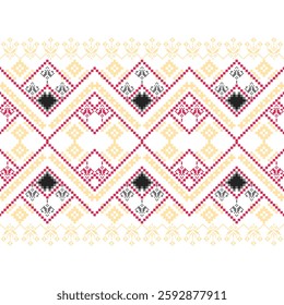 Pixelated floral embroidery with geometric patterns in red, black, cream. Floral motifs. Traditional Ukrainian embroidery. Often used in fabric print design. Ethnic seamless fabric pattern. vector