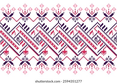 Pixelated floral embroidery pattern with geometric shapes in red, pink, dark purple, zigzag lines and ethnic motifs. Traditional Ukrainian textile. Vector illustration for use in fabric print design.