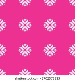 A pixelated floral pattern on a hot pink background. The design is seamless and geometric, perfect for adding a vibrant and decorative touch to any project. Ideal for fabric, wallpaper, and more.