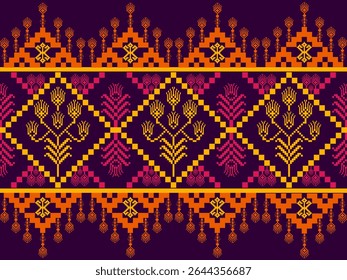 Pixelated Floral textile art on background. , abstract shapes orange,yellow,red color. Design for Fabric Rustic , National costume detail , carpet, curtains , Vintage needles craft, Vector pattern