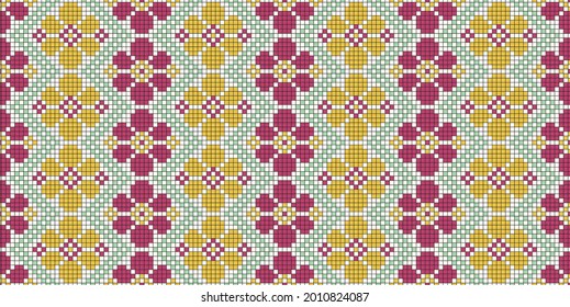 Pixelated flowers background. Seamless pattern. Vector.
