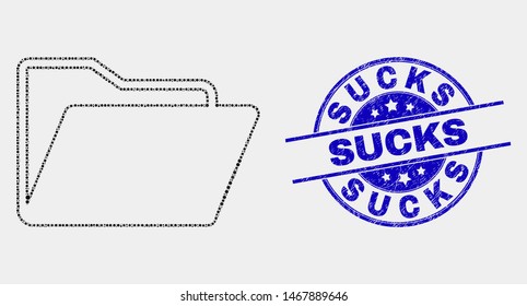 Pixelated folder mosaic icon and Sucks watermark. Blue vector round grunge seal stamp with Sucks title. Vector composition in flat style. Black isolated folder mosaic of scattered circles,