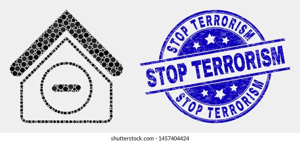 Pixelated forbidden house mosaic icon and Stop Terrorism seal. Blue vector rounded distress stamp with Stop Terrorism message. Vector composition in flat style.