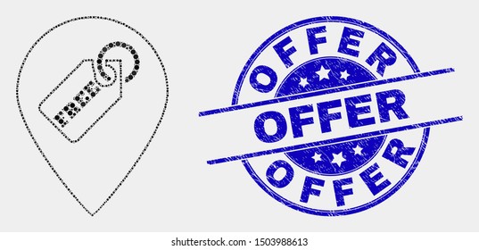 Pixelated free tag marker mosaic icon and Offer seal. Blue vector rounded scratched seal with Offer caption. Vector collage in flat style. Black isolated free tag marker mosaic of randomized dots,