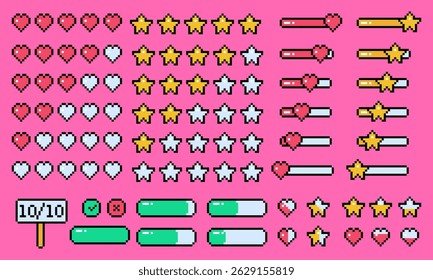 Pixelated of game interface elements. Star and love ratingg pixel icon set. Vectorr illustration