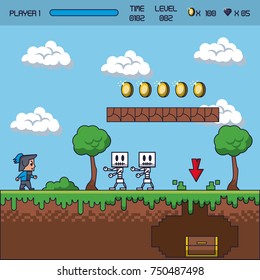 pixelated game scenery icons vector illustration graphic design