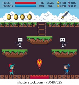 Symbole der pixelierten Spielszenerie Vektorgrafik-Grafikdesign