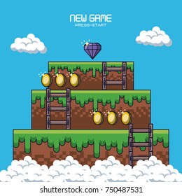 pixelated game scenery icons vector illustration graphic design