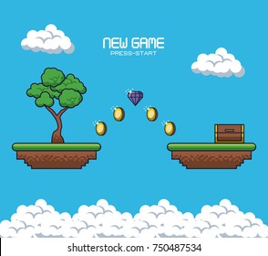 pixelated game scenery icons vector illustration graphic design