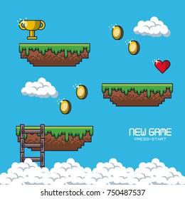 pixelated game scenery icons vector illustration graphic design