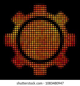 Pixelated gear icon. Bright pictogram in fire color shades on a black background. Vector halftone collage of gear pictogram constructed with circle dots.