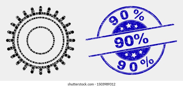 Pixelated gear mosaic icon and 90 percent seal stamp. Blue vector rounded textured stamp with 90 percent phrase. Vector composition in flat style. Black isolated gear illustration of randomized