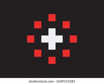 Pixelated Geometric Cross Surrounded by Red Squares Illustration Element