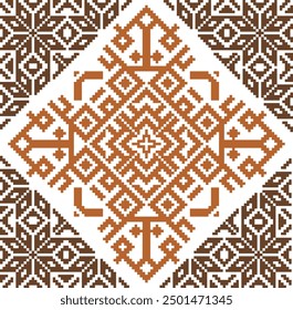 A pixelated geometric pattern featuring intricate brown and orange designs on a white background. The symmetrical arrangement highlights traditional motifs with a modern digital twist.