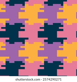 Pixelated geometric seamless design with purple, orange, navy blue, and pink rectangular blocks, creating a dynamic, jagged pattern.