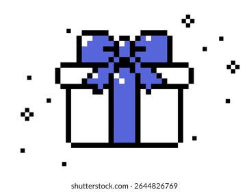 Pixelated gift box icon with a blue bow and ribbon on a white background. Pixel present box isolated vector illustration. Retro 8 bit surprise, bonus game abstract element for digital greeting design