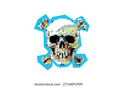 Pixelated Glitch Calavera y Calavera. 8 bits. Desarrollo de juegos, App móvil. Ilustración vectorial aislada.	
