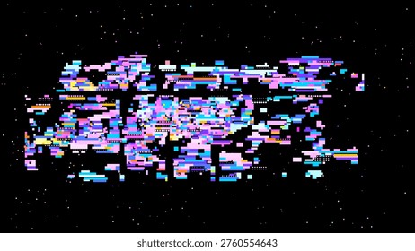 Pixelated glitch vector with red pink tones, digitalism concept in pixel art aesthetics for tech and gaming use. Dark background with subtle noise enhances contrast. Ideal for tech branding, UI, an...