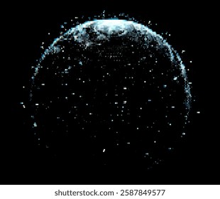 Pixelated globe in blue hues on a black background, creating a digital, cosmic feel. The scattered dots suggest depth and movement, lending a futuristic and abstract aesthetic to the design.