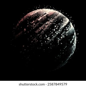 Pixelated globe in blue hues on a black background, creating a digital, cosmic feel. The scattered dots suggest depth and movement, lending a futuristic and abstract aesthetic to the design.