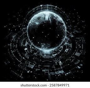 Pixelated globe in blue hues on a black background, creating a digital, cosmic feel. The scattered dots suggest depth and movement, lending a futuristic and abstract aesthetic to the design.