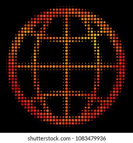 Pixelated globe icon. Bright pictogram in hot color tints on a black background. Vector halftone concept of globe icon combined with circle elements.