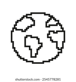 Pixelated Globe Icon. Earth and World Symbol in Retro Pixel Art Style. Global Connectivity and Geography. Isolated Vector Illustration.