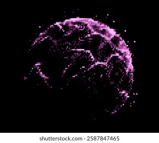 Pixelated globe in shades of pink and purple on a black background, creating an abstract, digital aesthetic. The dots vary in size, giving a sense of depth and movement across the surface.