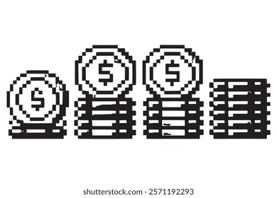 Pixelated gold and silver coin stacks in a classic 8 bit style, representing wealth, savings, or virtual currency concepts