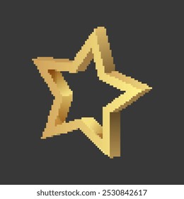 Icono de estrella dorada pixelada con un diseño 3D. Pixel retro arte de una estrella hueca sobre un fondo oscuro.