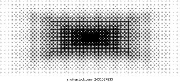 Pixelated gradient rectangle frame. Black dithered radial gradation texture. Retro bitmap game background. Halftone 8 bit wallpaper. Vintage rectangular pixel art border. Vector vanishing backdrop