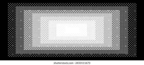 Pixelated gradient rectangle frame. Black dithered central gradation texture. Retro bitmap game background. Halftone 8 bit wallpaper. Vintage rectangular pixel art border. Vector vanishing backdrop
