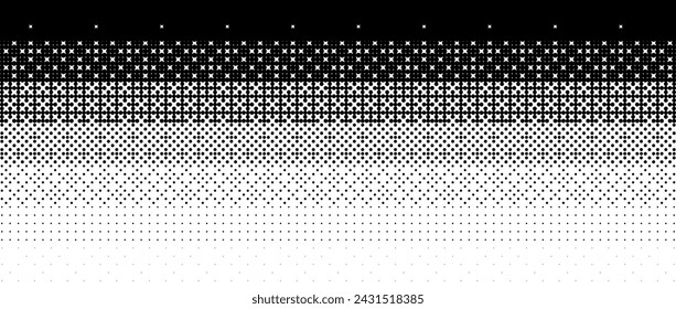 Pixelated gradient texture. Black dithered gradation background. Retro bitmap video game wallpaper. Halftone 8 bit overlay. Vintage rectangle pixel art print. Vector horizontal striped fading backdrop