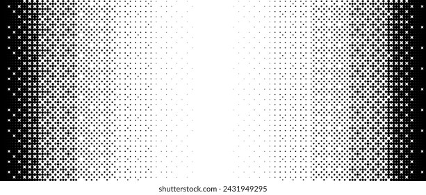 Pixelated gradient texture. Black dithered gradation background. Retro bitmap video game wallpaper. Halftone 8 bit overlay. Vintage rectangle pixel art print. Vector vertical striped fading backdrop